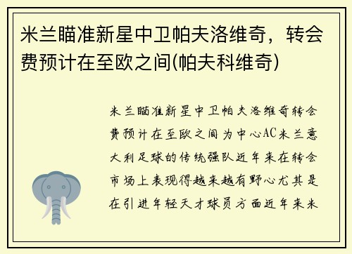 米兰瞄准新星中卫帕夫洛维奇，转会费预计在至欧之间(帕夫科维奇)